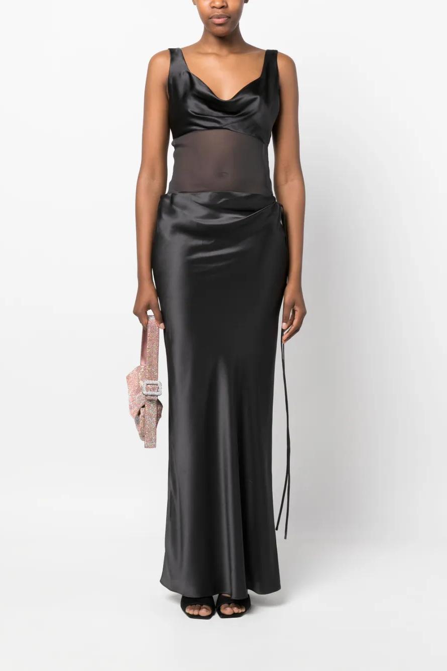 Elegant Sheer Paneled Satin Maxi Dress