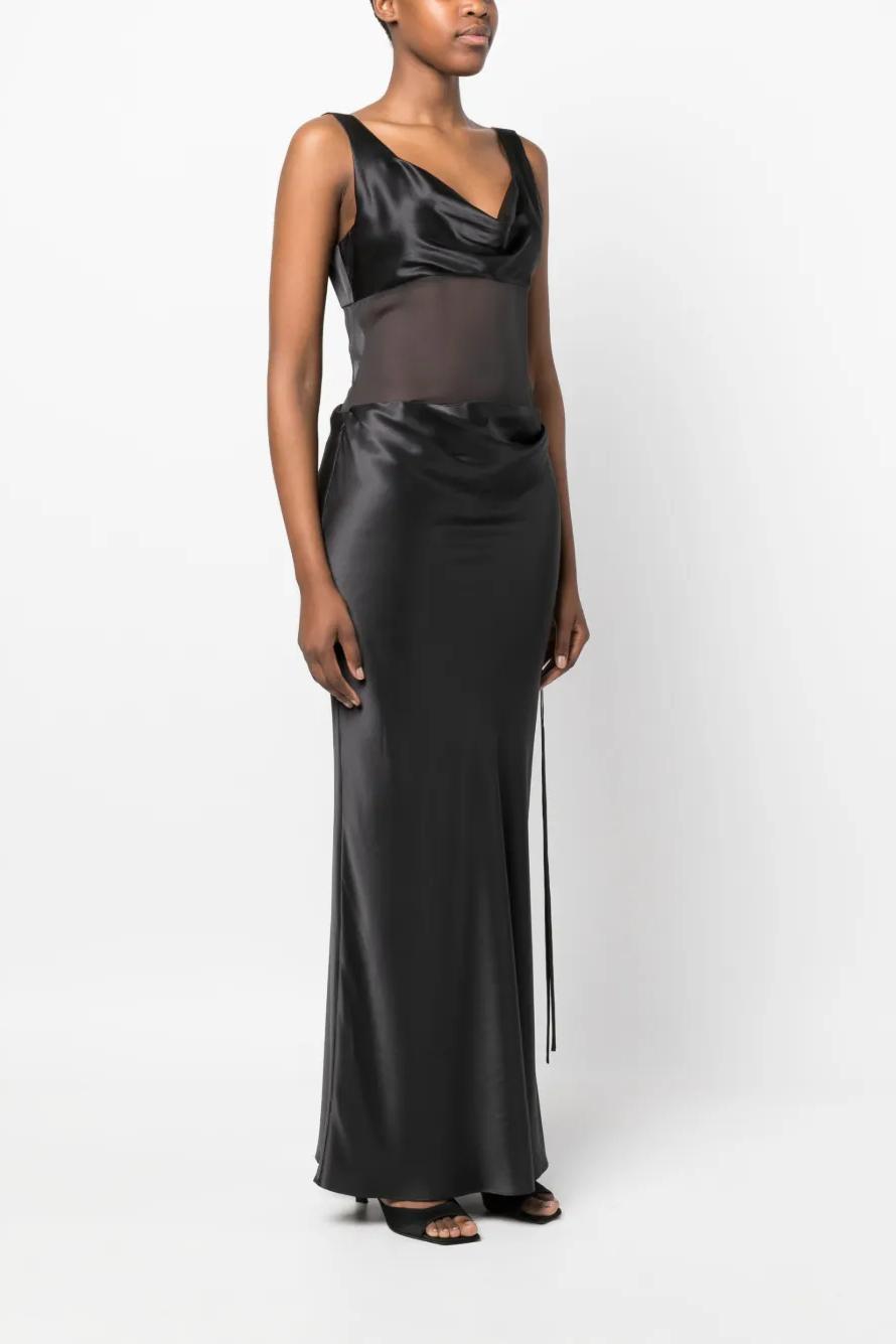 Elegant Sheer Paneled Satin Maxi Dress