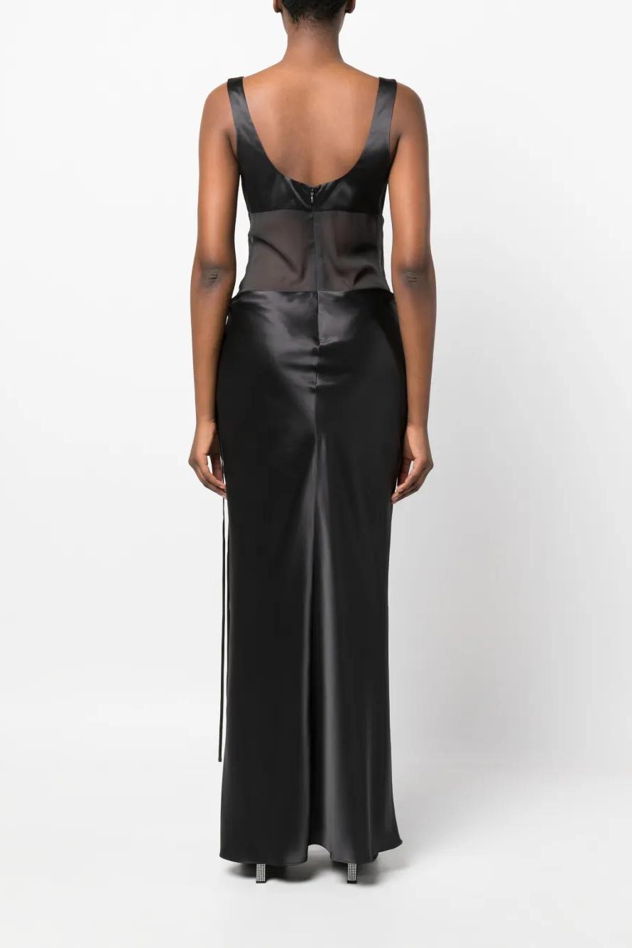Elegant Sheer Paneled Satin Maxi Dress