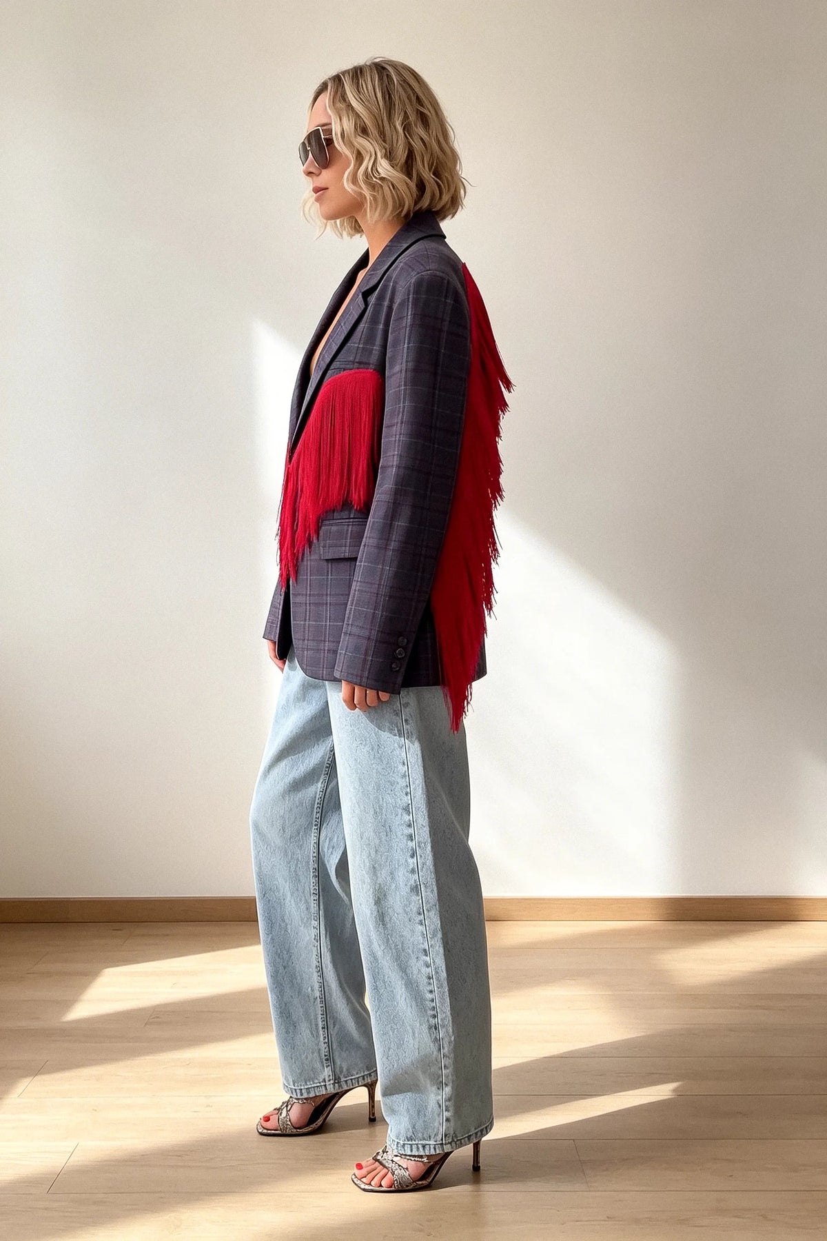 Rutig blazer med röda fransar och änglavingar