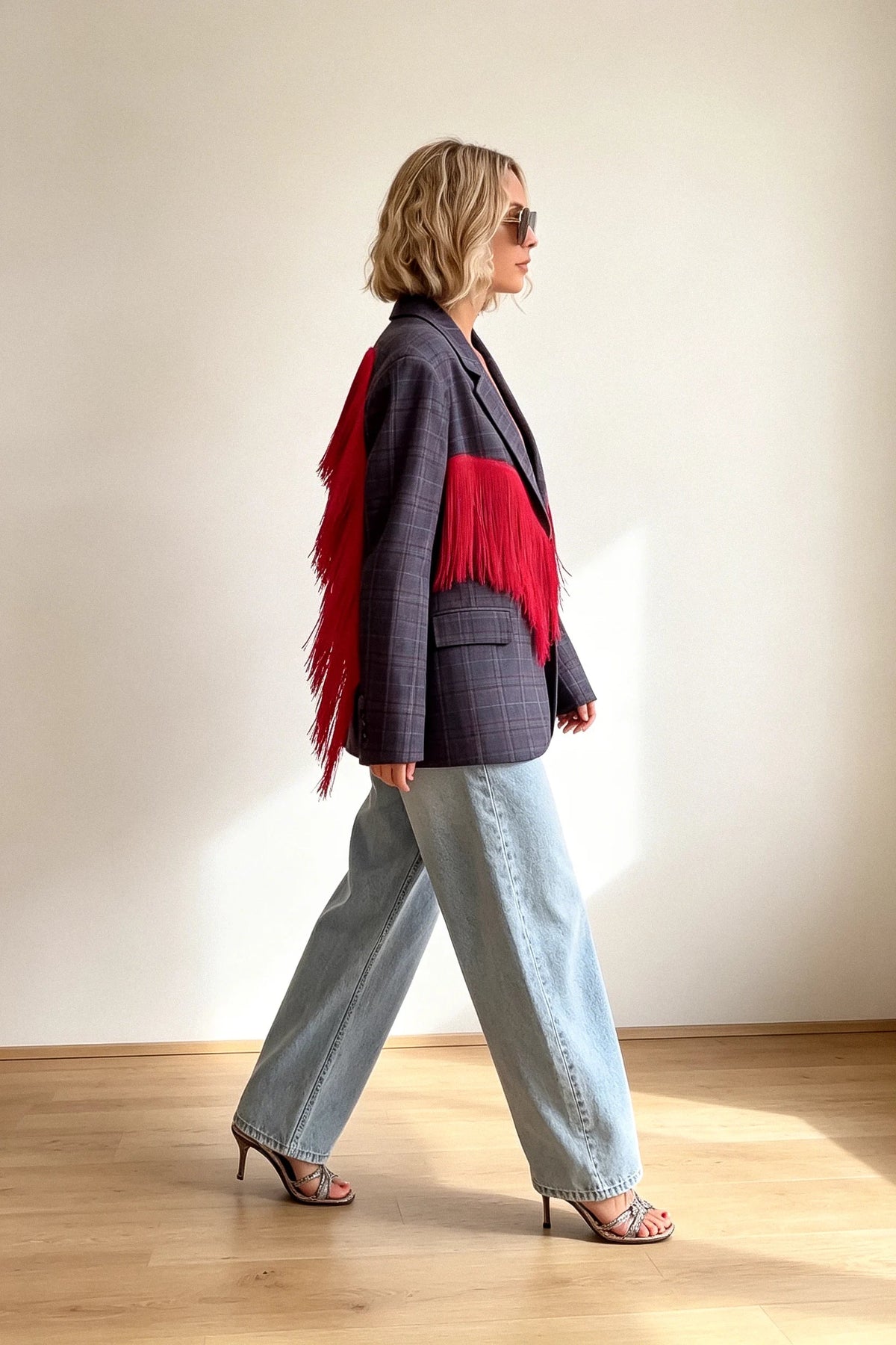 Rutig blazer med röda fransar och änglavingar