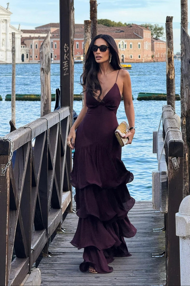 Elegant Burgundy Tiered Maxi Dress