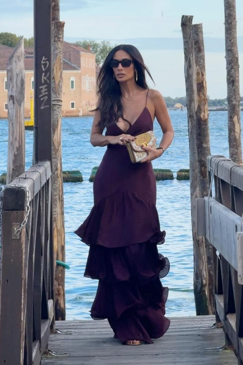 Elegant Burgundy Tiered Maxi Dress