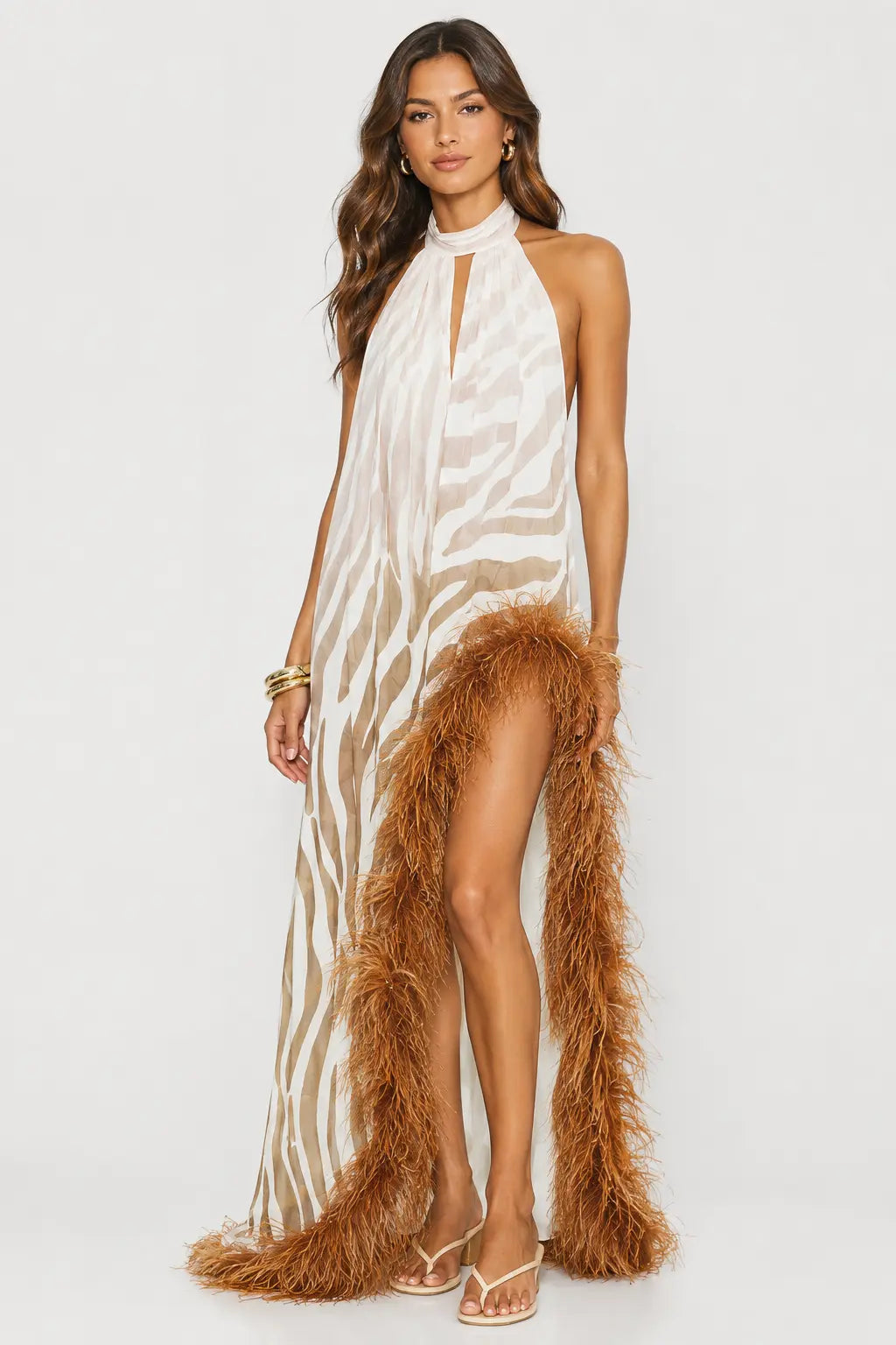 Feather Trim Halter Gown