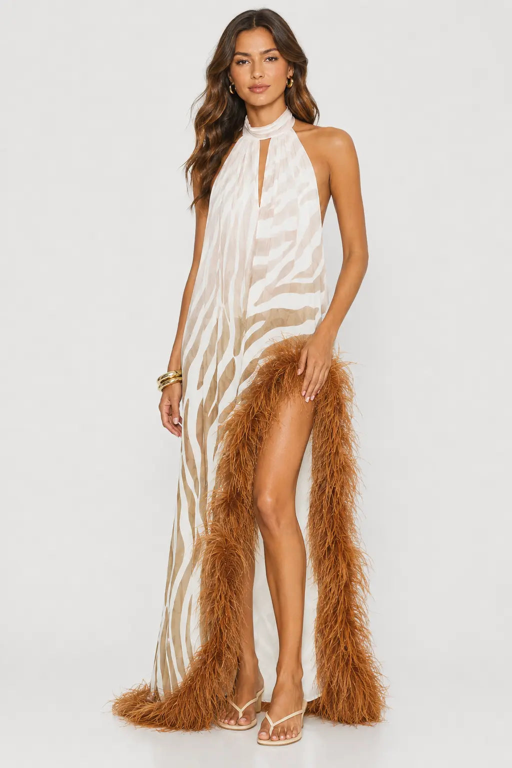 Feather Trim Halter Gown