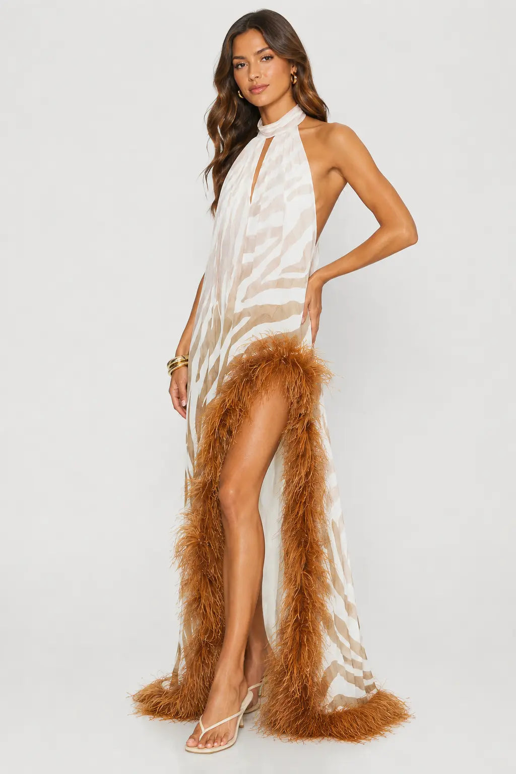 Feather Trim Halter Gown