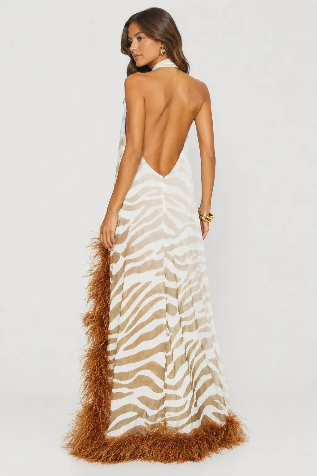 Feather Trim Halter Gown