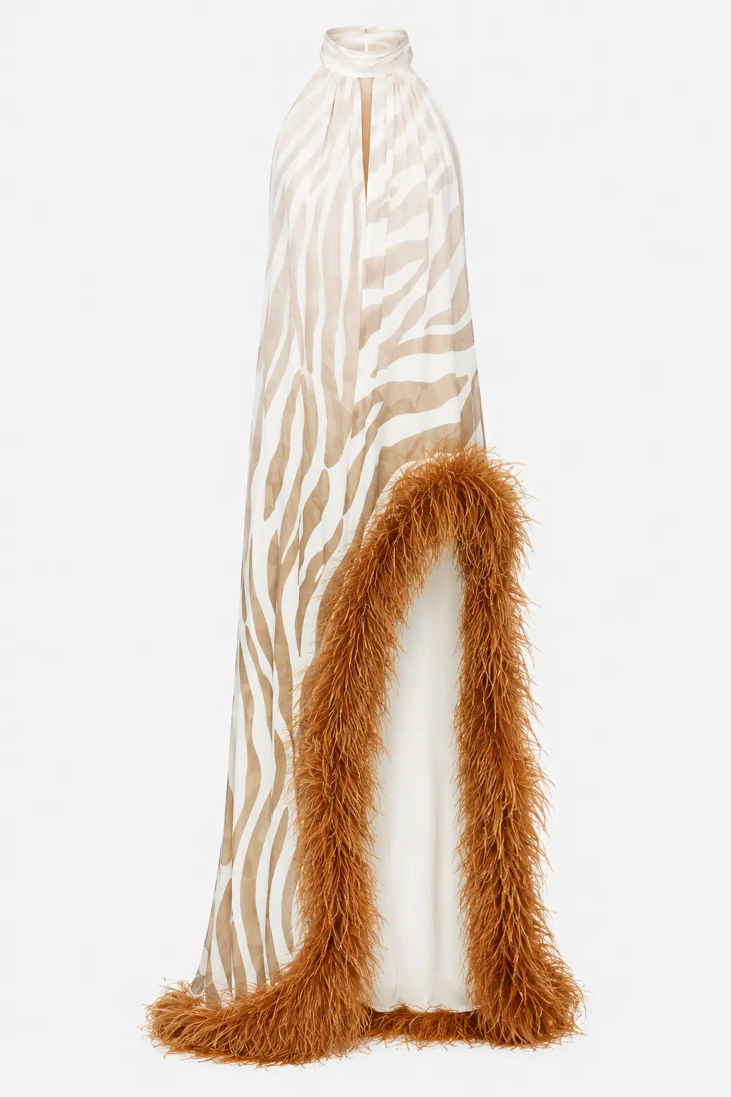 Feather Trim Halter Gown