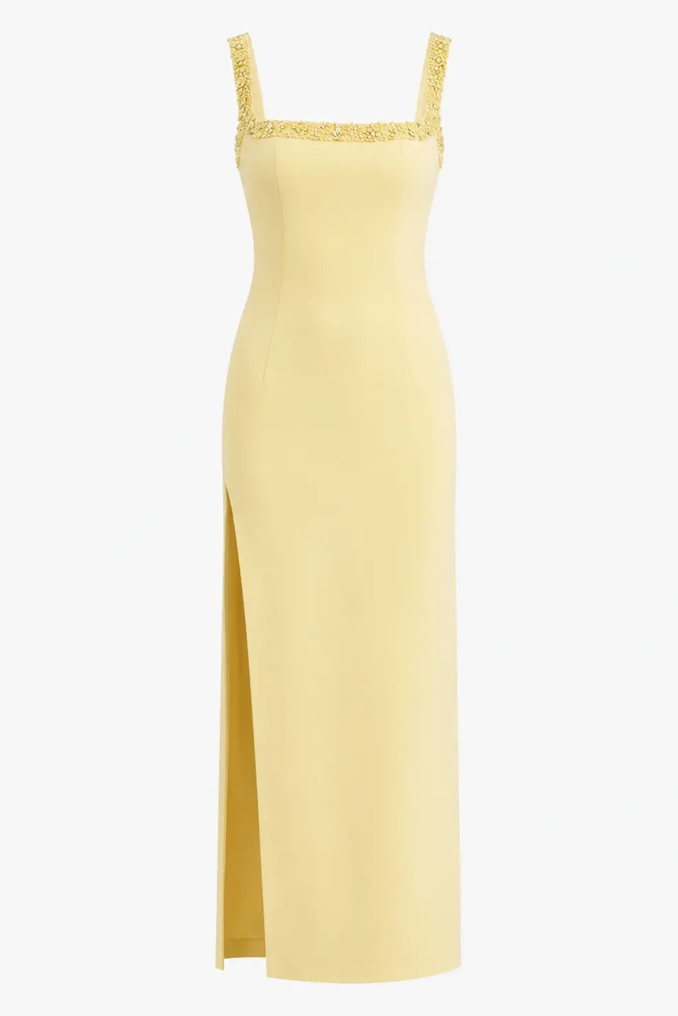 Vestido maxi luminoso com decote quadrado