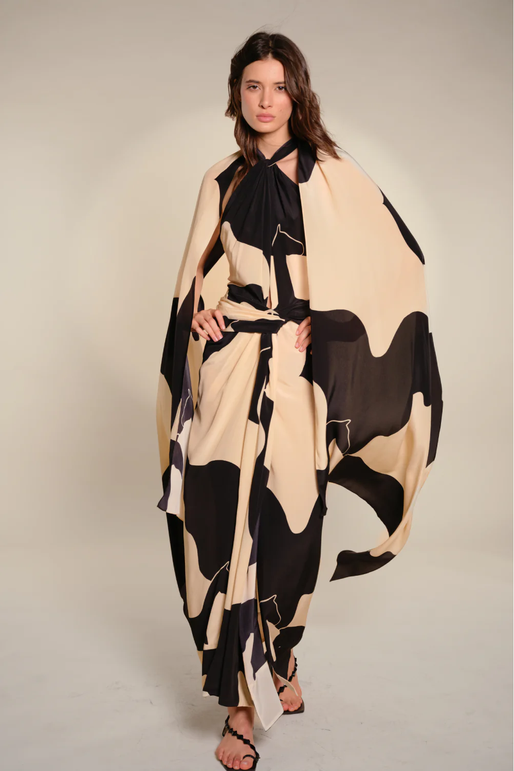 Abstract Print Halter Flowing Cape Maxi Dress