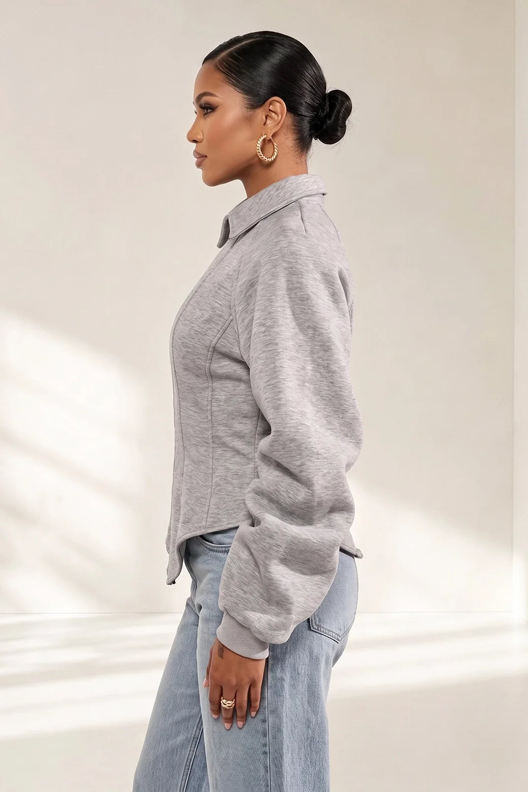 Grey Corset Waist Zip Up Jacket
