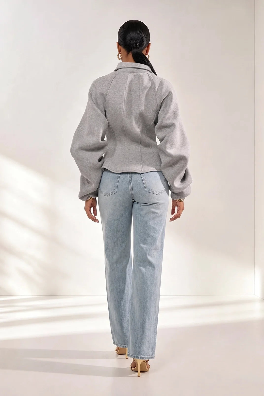 Grey Corset Waist Zip Up Jacket