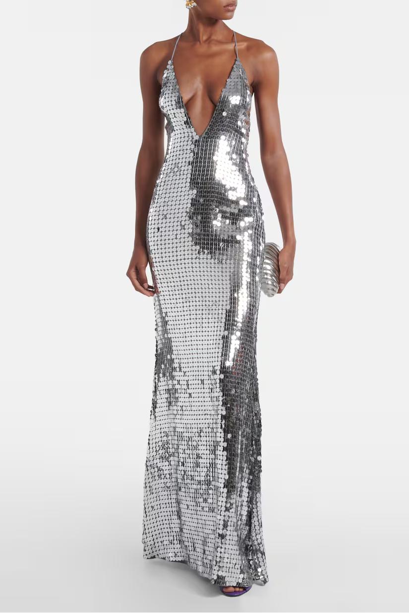 Sequined Plunge Halter Maxi Gown