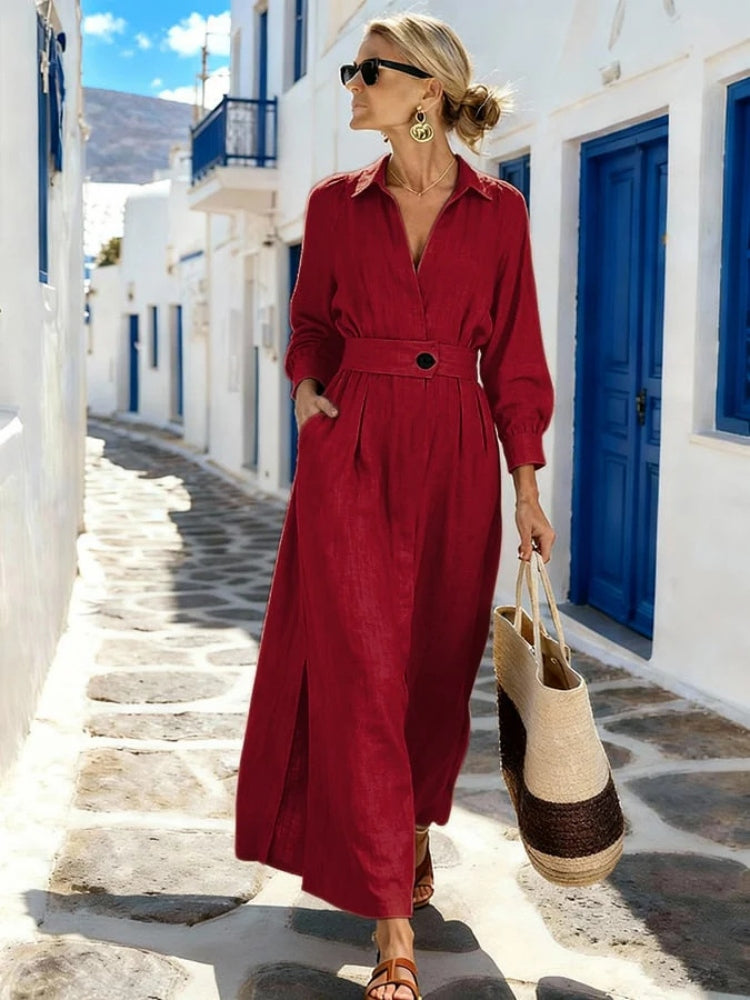 Abito camicia da donna autunnale a maniche lunghe con collo a revers