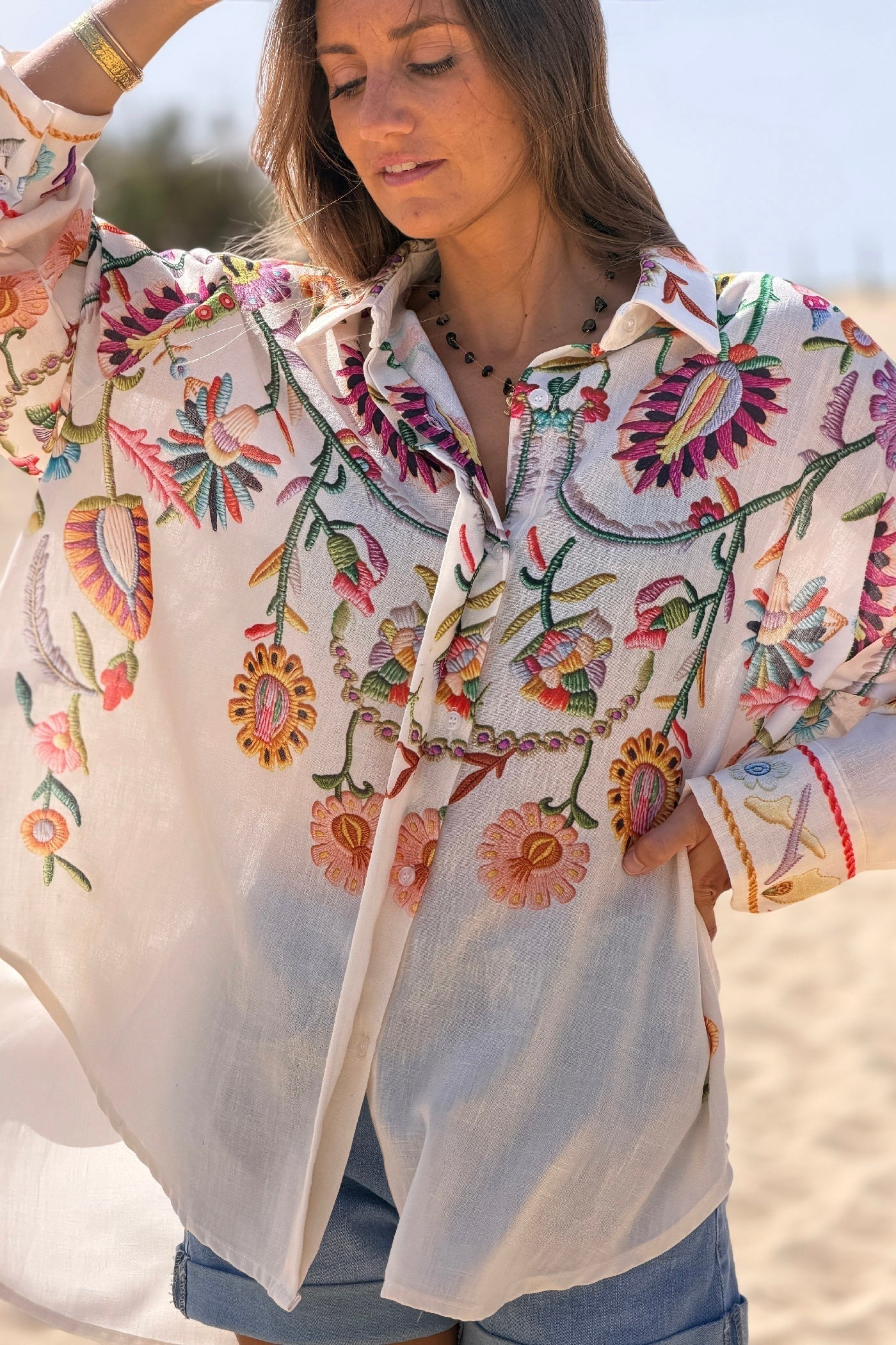 Oversized Beige Button-Down Shirt