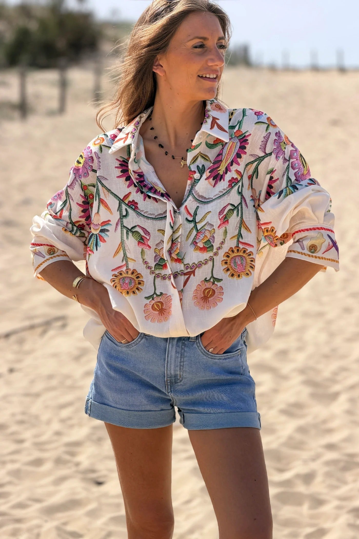 Oversized Beige Button-Down Shirt