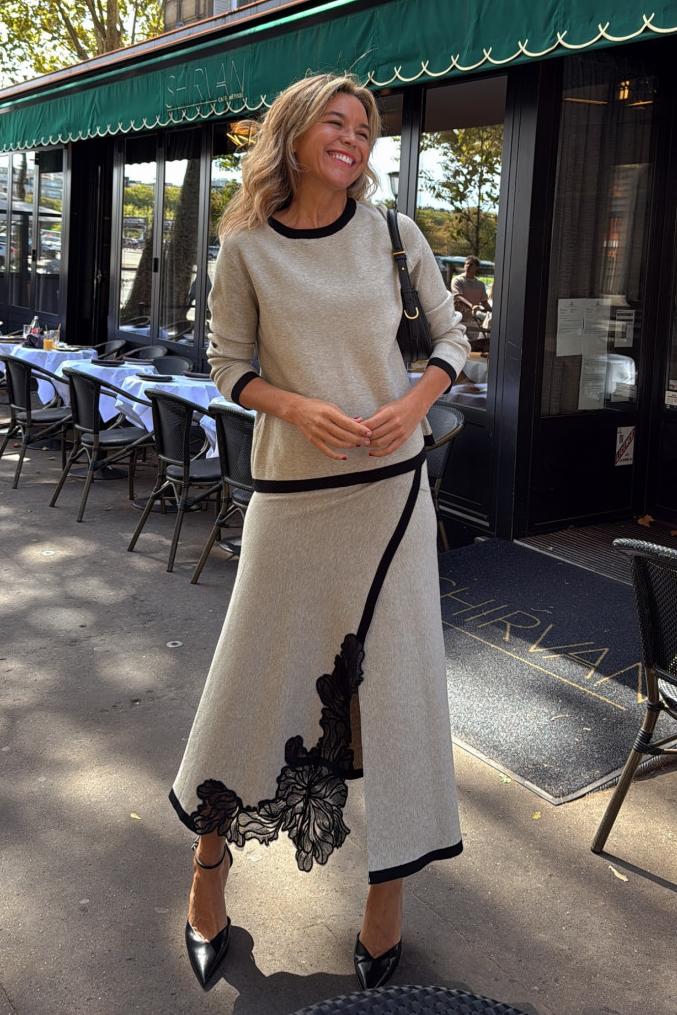 Floral Embroidery Contrast Midi Skirt Set