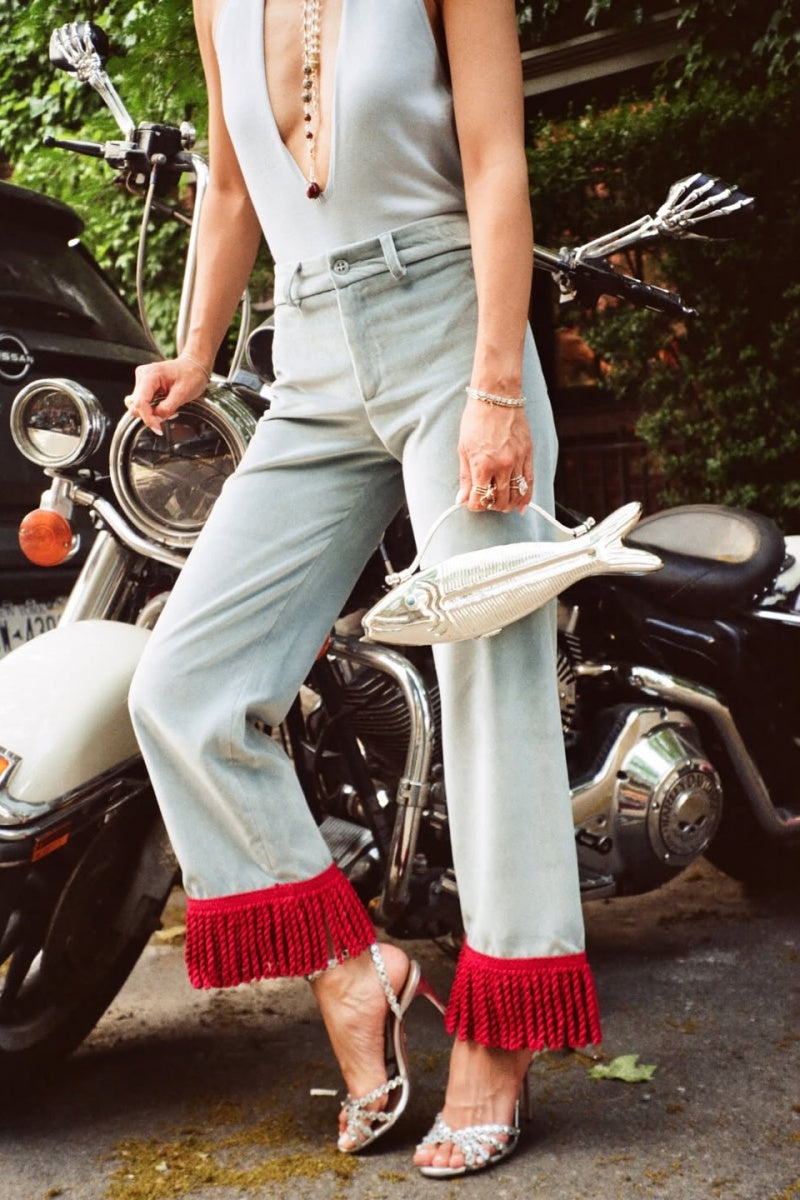 Røde frynser korte flare jeans