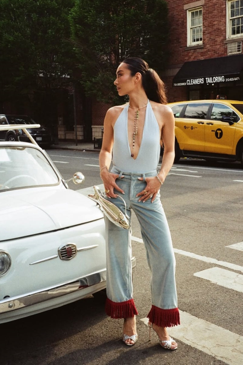 Røde frynser korte flare jeans