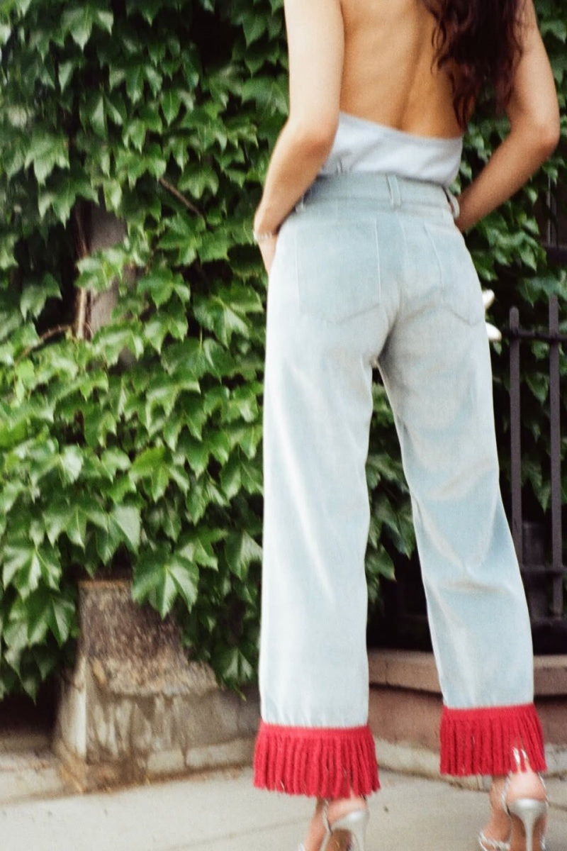 Røde frynser korte flare jeans