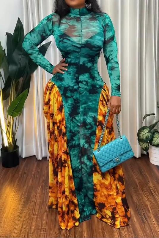 Teal & Orange Tie-Dye Mesh Panel Maxi Dress