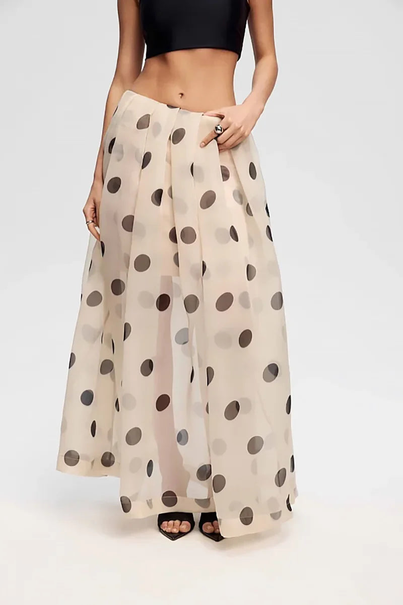 Beige Polka Dot Sheer Maxi Skirt