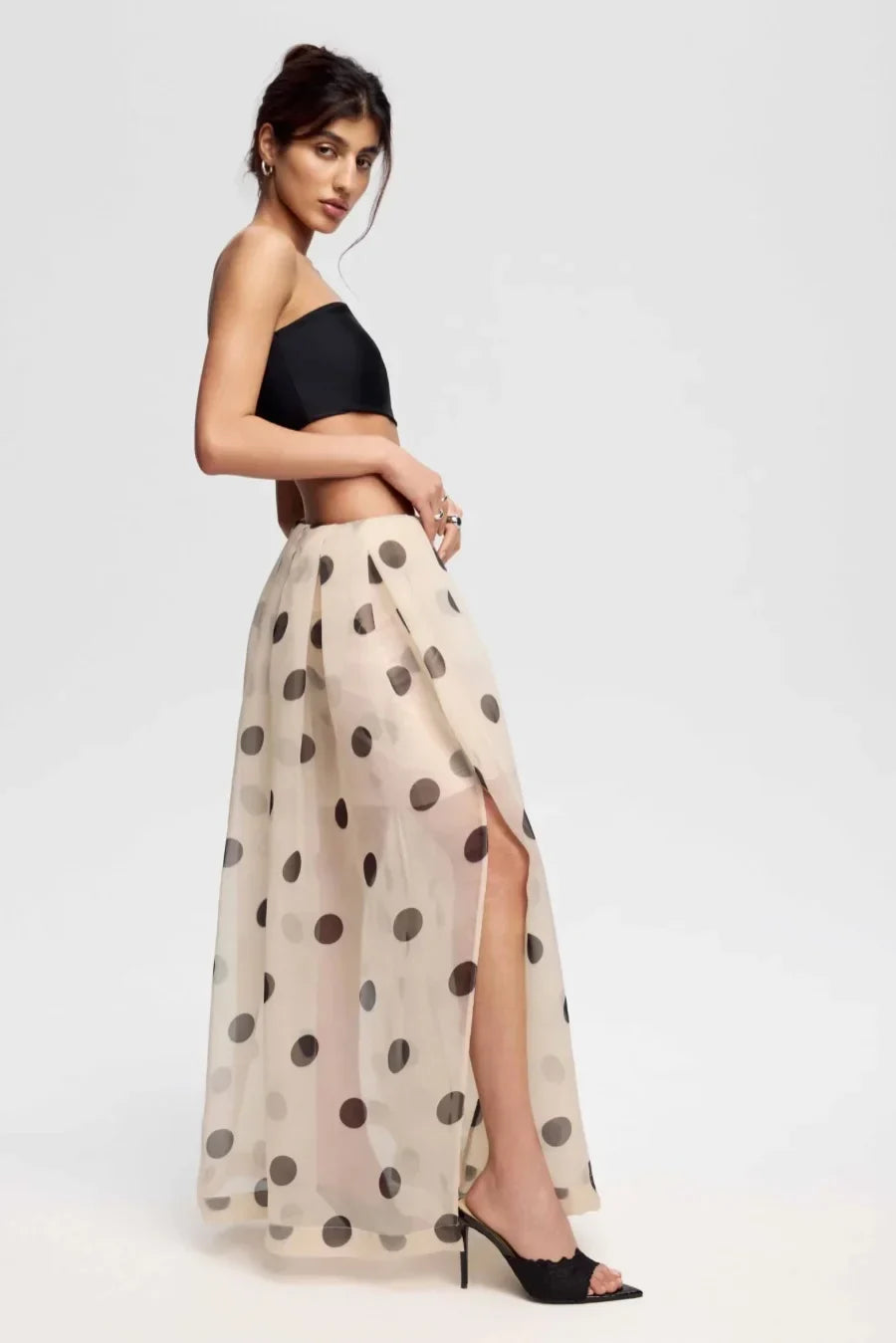 Beige Polka Dot Sheer Maxi Skirt