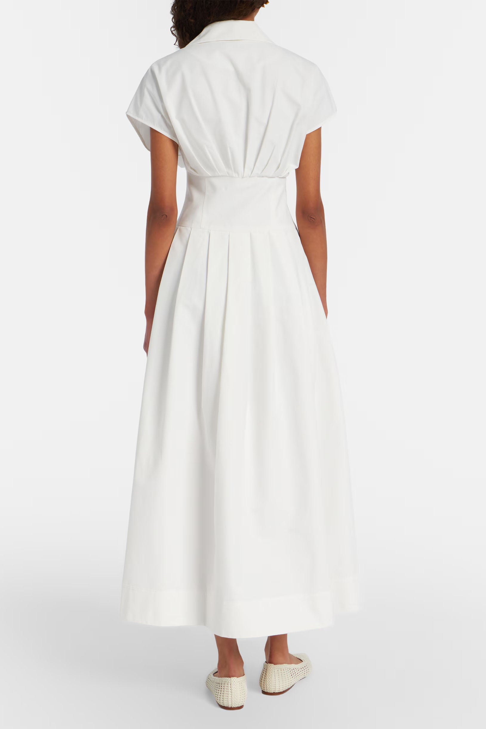 WHITE V-NECK PUFF SLEEVE MIDI DRESS