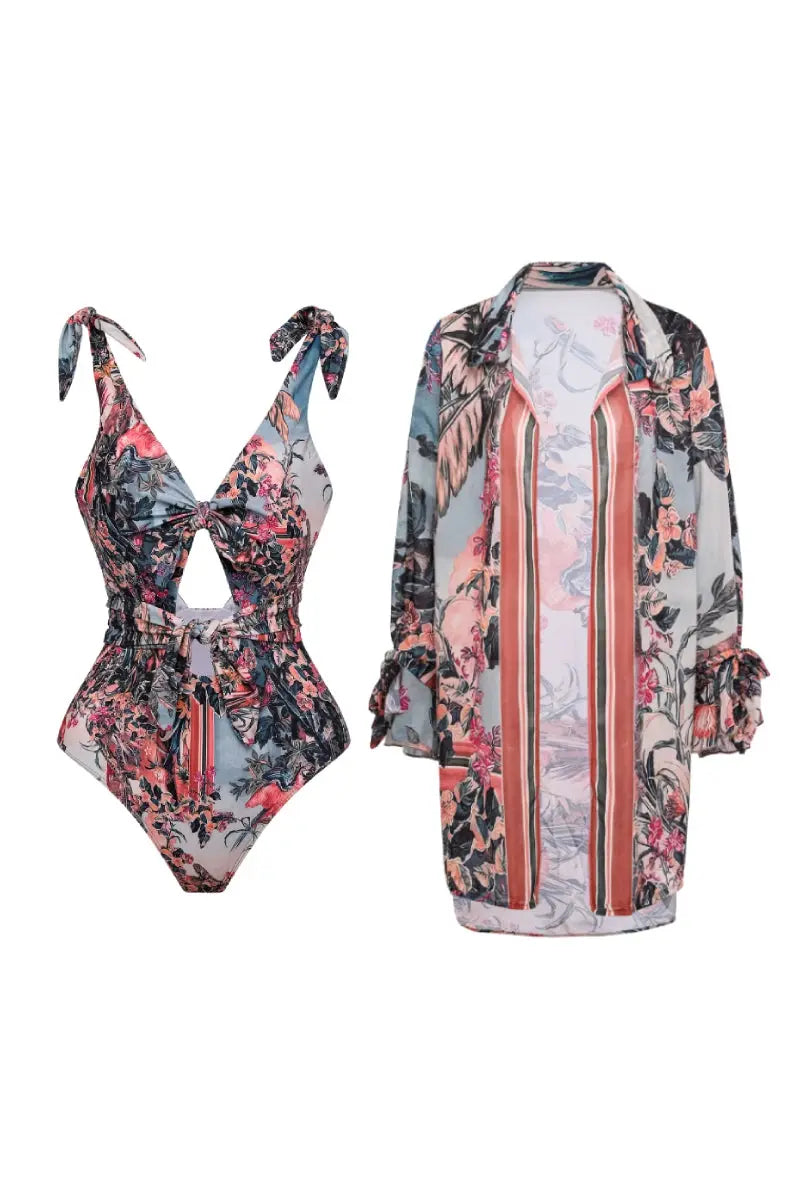 Vintage Bow Tie Print Swimsuit Set