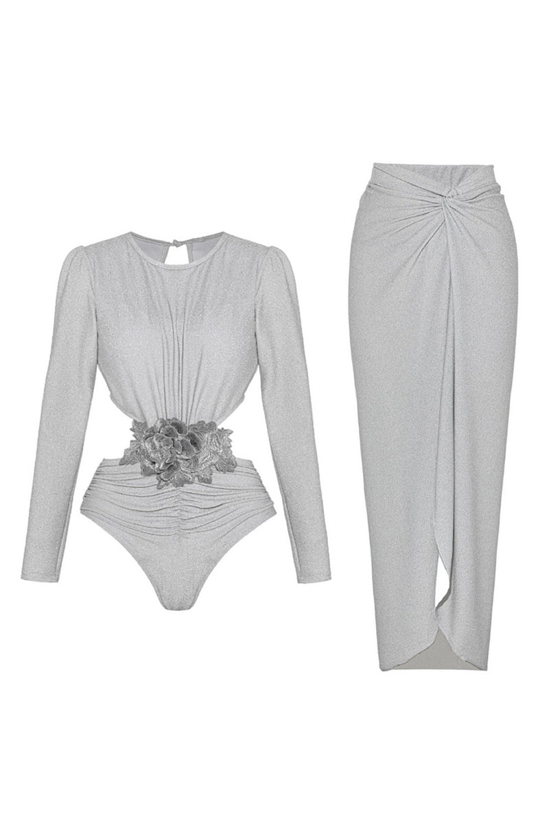 Silver Glossy Long Sleeve One-Piece Swimsuit