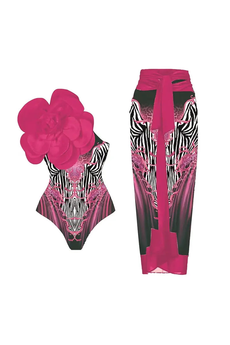 Costum de baie imprimat cu decor bust floral 3D Fuchsia