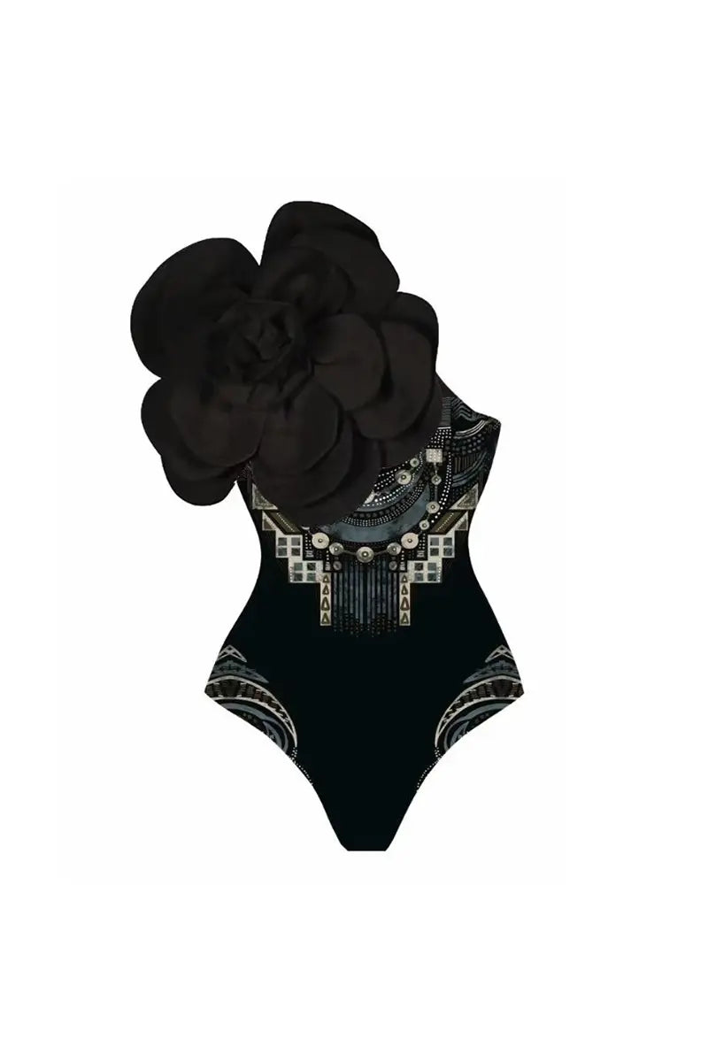 Costum de baie imprimat cu decor floral negru 3D