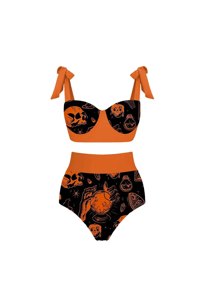 Halloween Pumpkin Skull Print Bikini Set