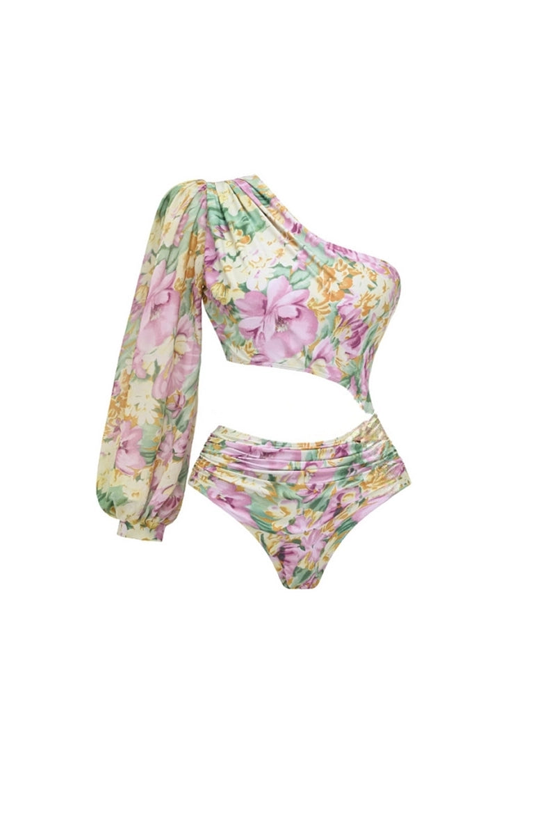 One Shoulder Cutout Floral Swimsuit Set