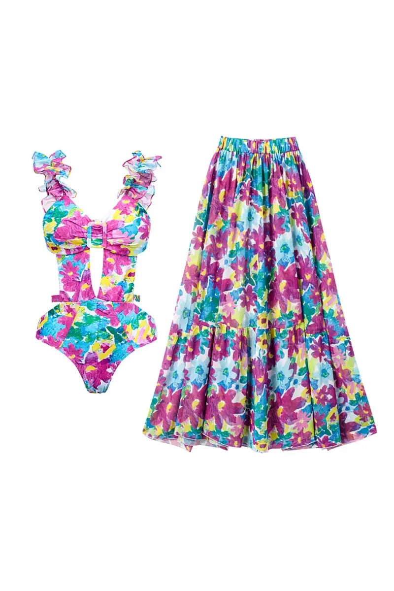 One Piece Print Cutout Swimsuit Set