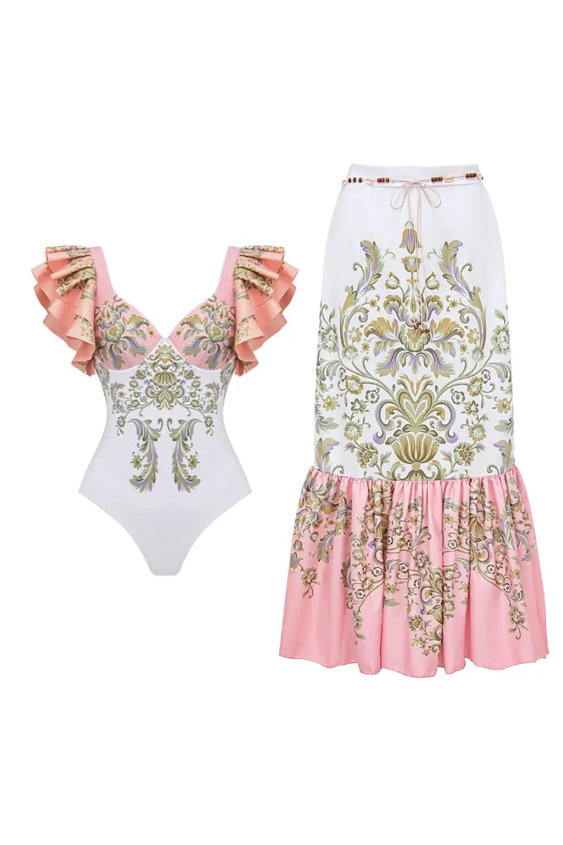 V Neck Ruffle Patchwork Ethnic Print Swimsuit