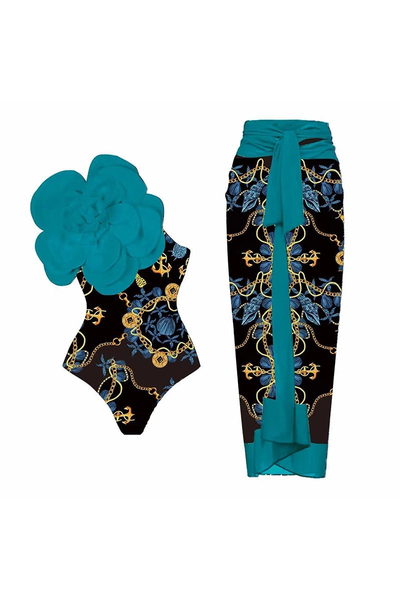 3D Blue Floral Print One-Piece Swimsuit Set