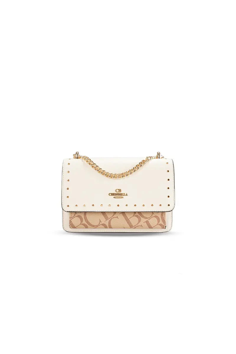 Studded Letter Print Chain Top Handle Bag