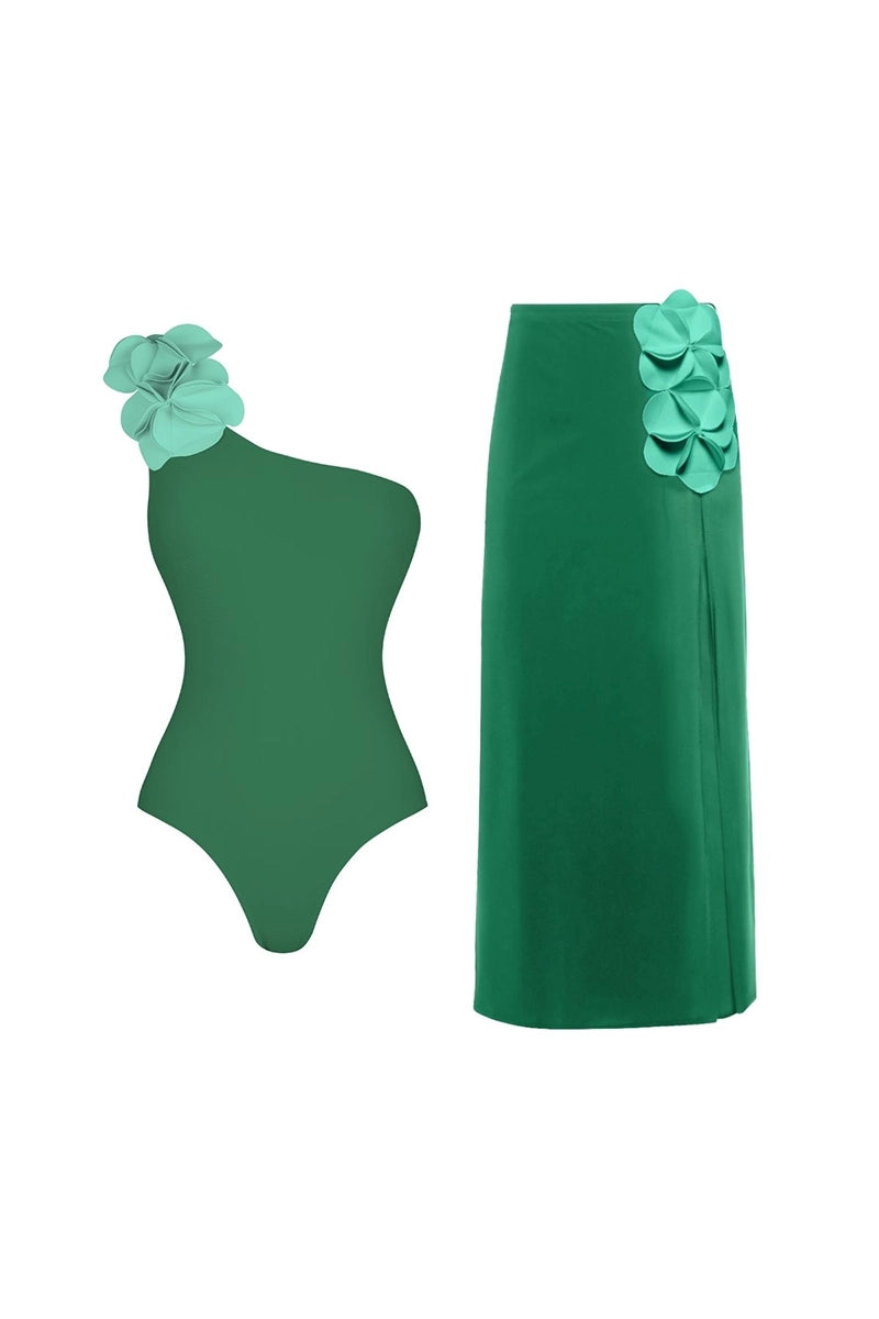 Green One-Shoulder 3D Floral Swimsuit