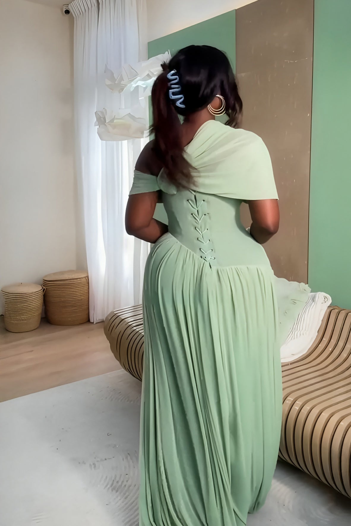 Rochie maxi plisată verde mentă