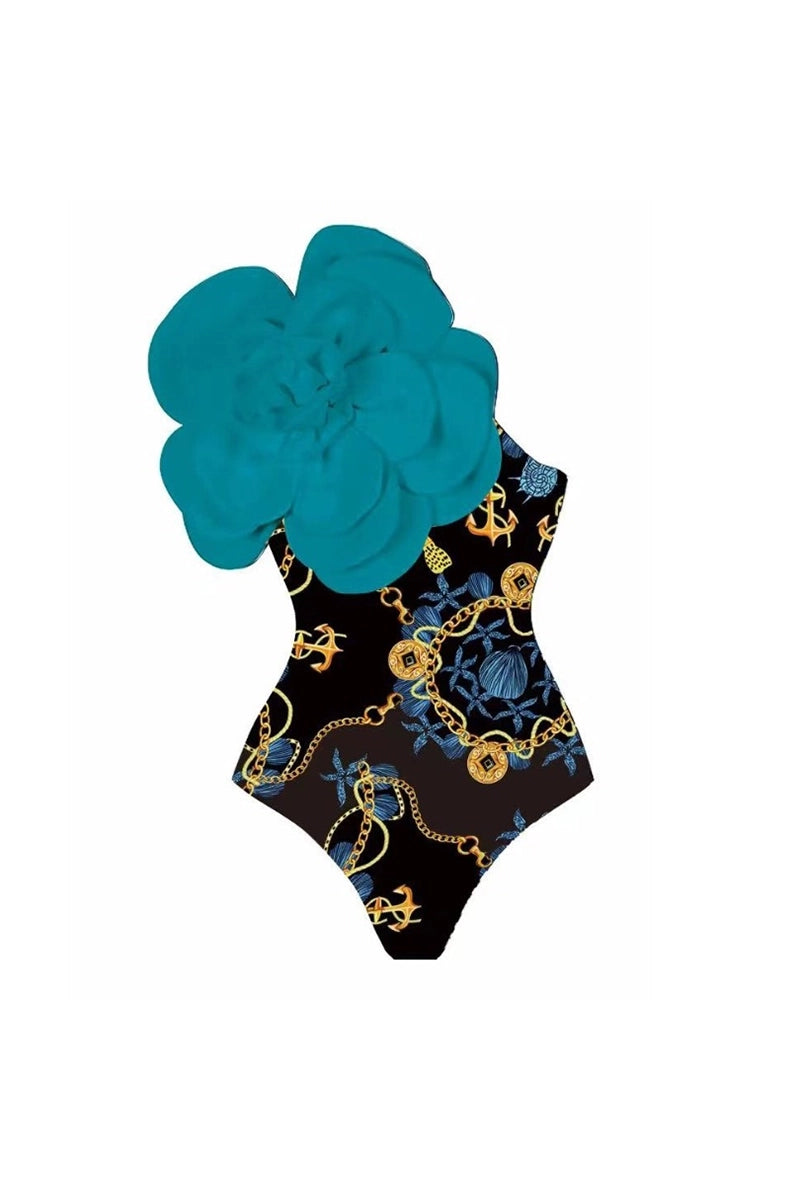 3D Blue Floral Print One-Piece Swimsuit Set