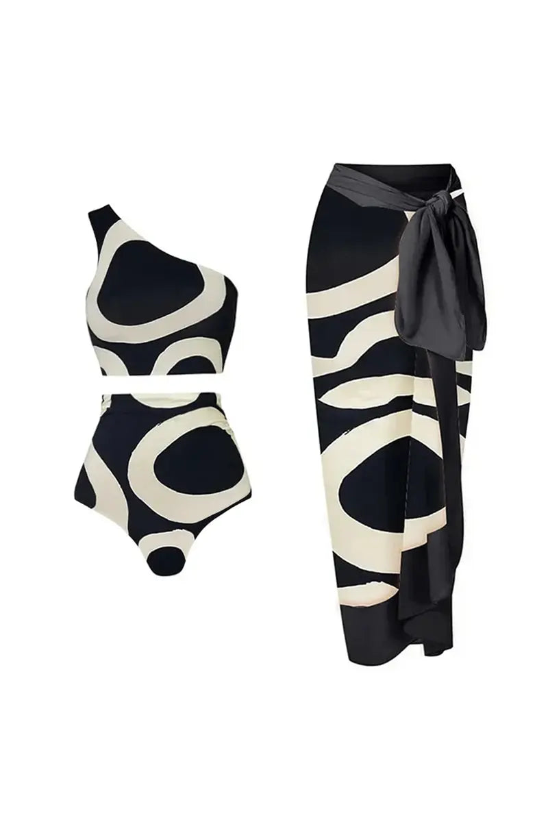 Conjunto de bikini de talle alto con bloque de color y un solo hombro