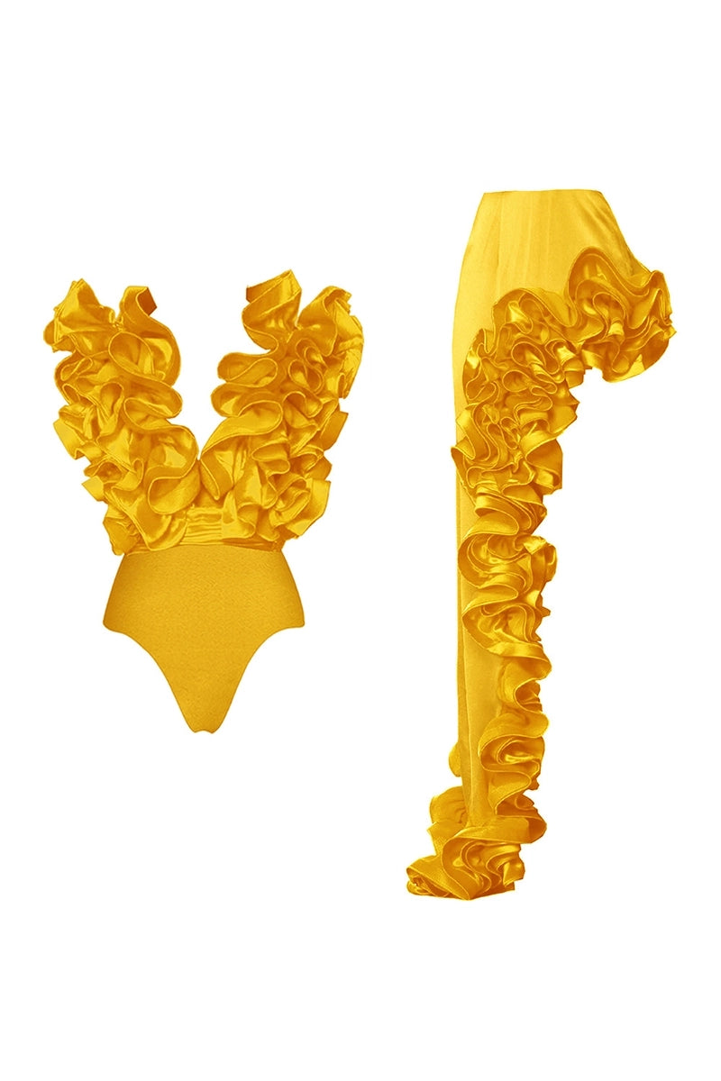 Ruffled V-Neck Yellow Swimsuit
