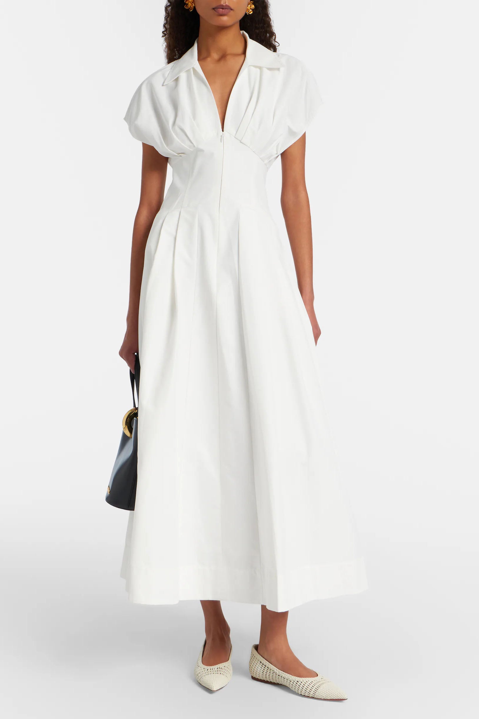 WHITE V-NECK PUFF SLEEVE MIDI DRESS
