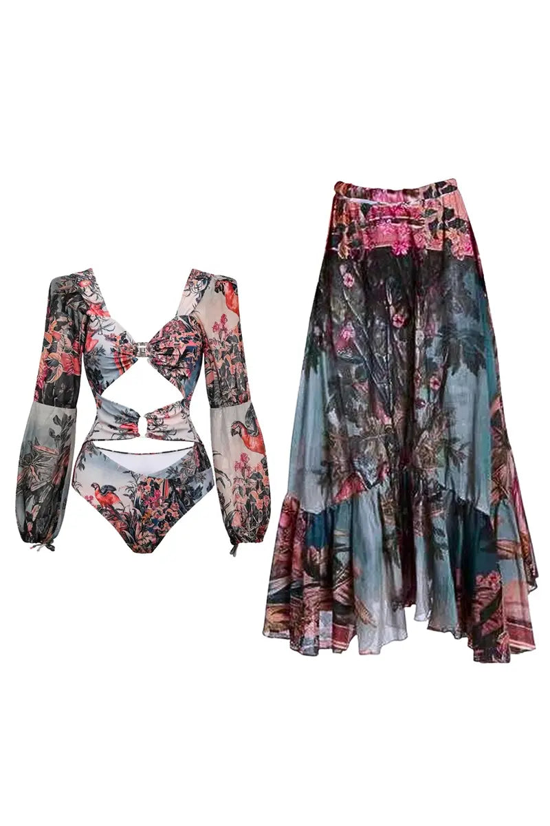 Vintage Print Cutout Swimsuit with Long Sleeves