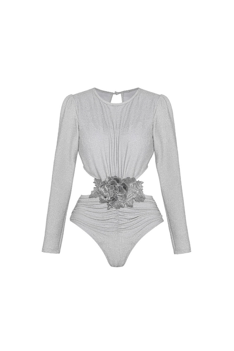Silver Glossy Long Sleeve One-Piece Swimsuit