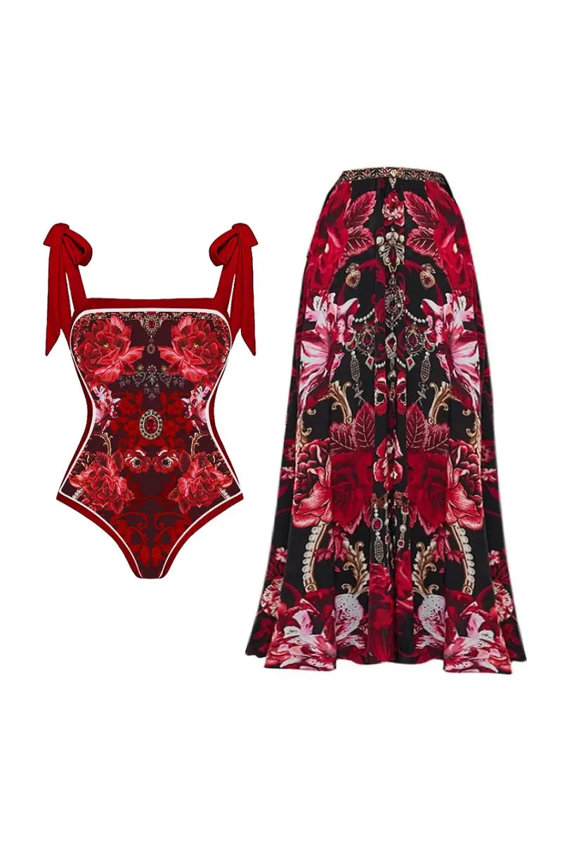 Red Floral Bow Tie Swimsuit Set