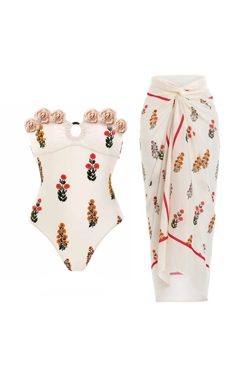 Strapless Floral Embellished One-Piece Swimsuit