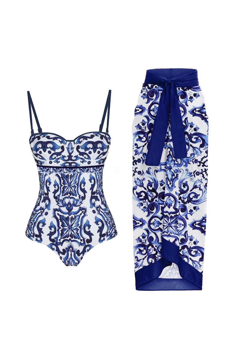 Porcelain Print One Piece Swimsuit Set