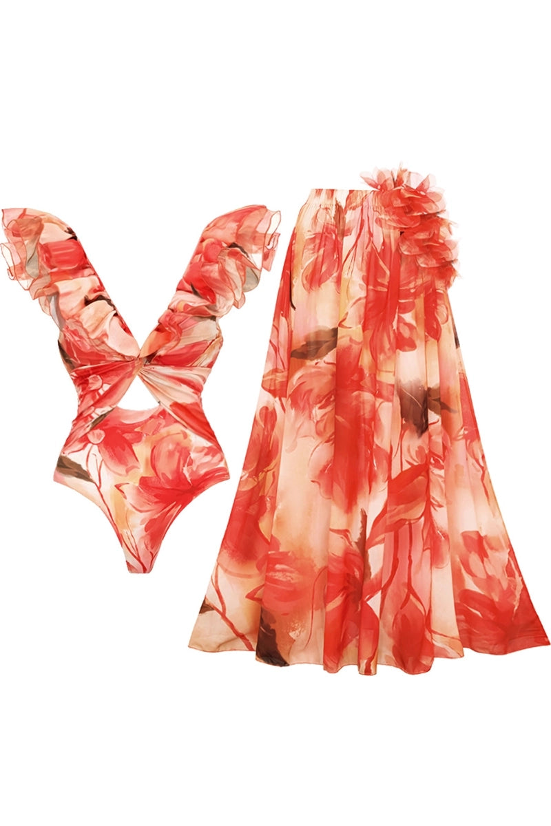 Ruffle Trim Vacation Print Swimsuit Set